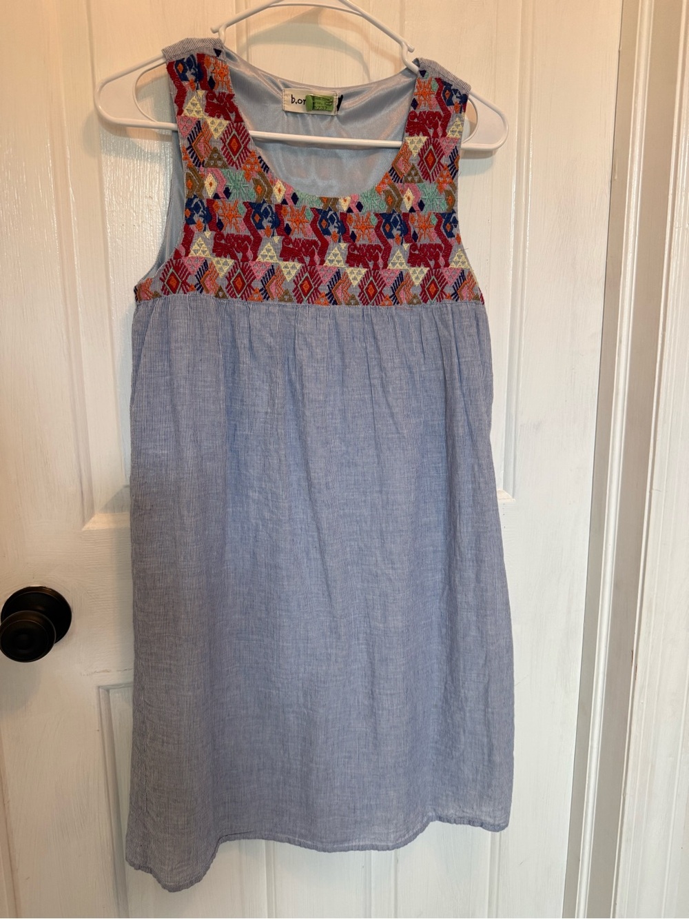 Light Blue Chambray Mini Dress with Multicolor Embroidered Yoke